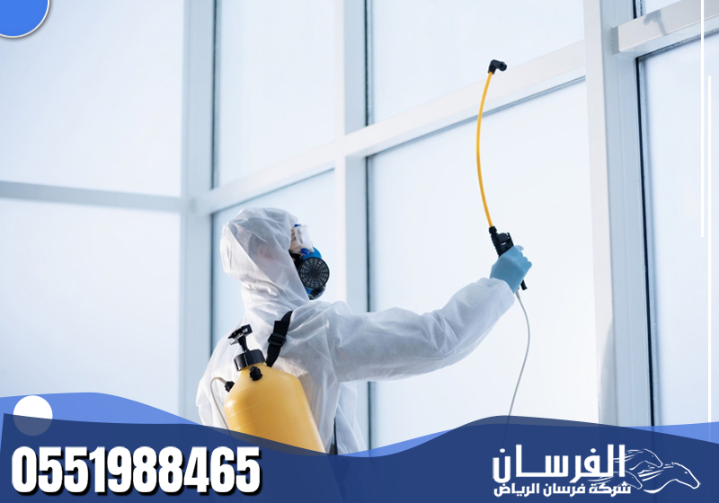 عامل يرش محلول المكافحة على إطارات النوافذ والأجزاء المرتفعة باستخدام بخاخ محمول.